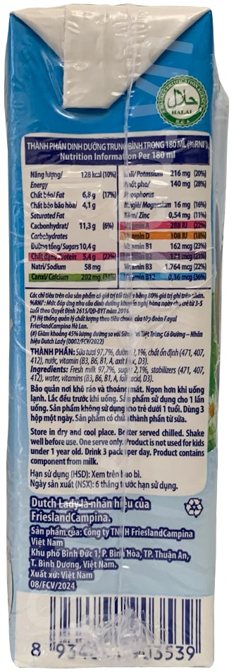 Sữa tươi Cô Gái Hà Lan Ít đường hộp 180ml