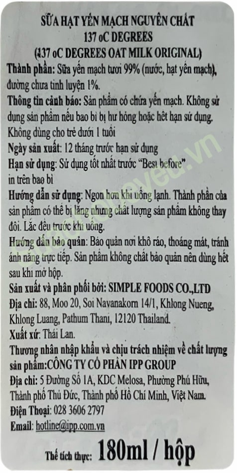 Sữa hạt Yến Mạch Nguyên Chất 137 Degrees hộp 180ml