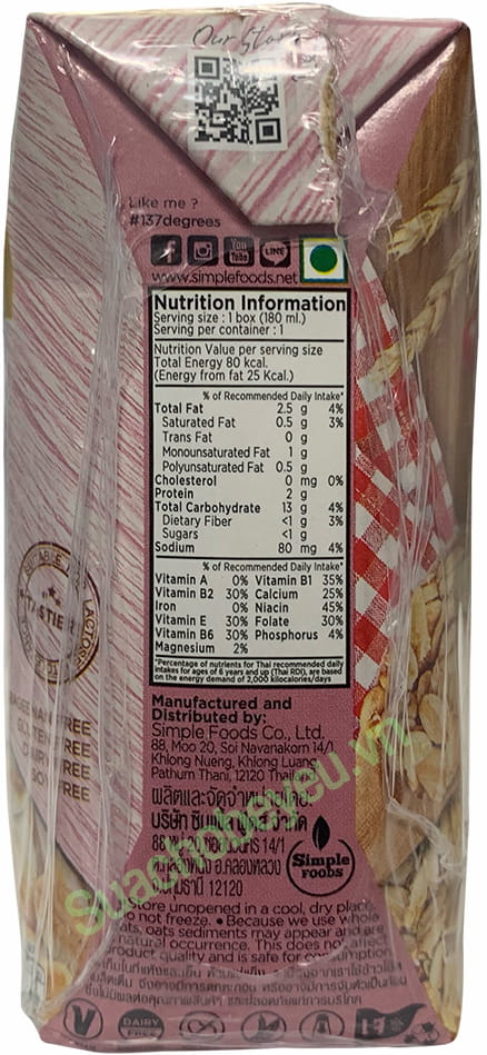 Sữa hạt Yến Mạch Nguyên Chất 137 Degrees hộp 180ml