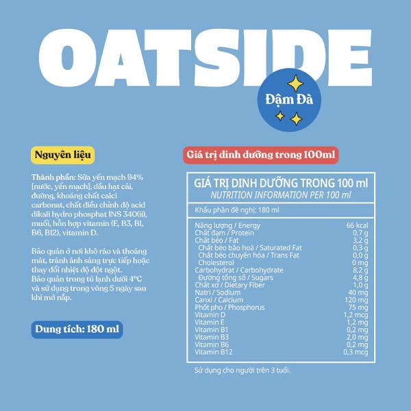 Sữa yến mạch Oatside đậm đà hộp 180ml có đường