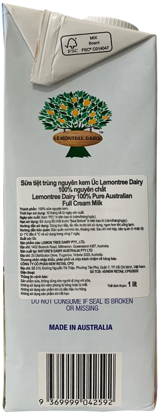 Sữa tươi nguyên kem Lemontree Dairy nhập khẩu Úc hộp 1 Lít