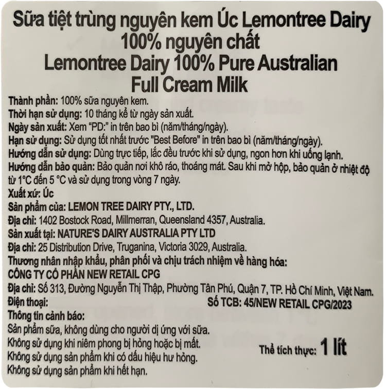 Sữa tươi nguyên kem Lemontree Dairy nhập khẩu Úc hộp 1 Lít