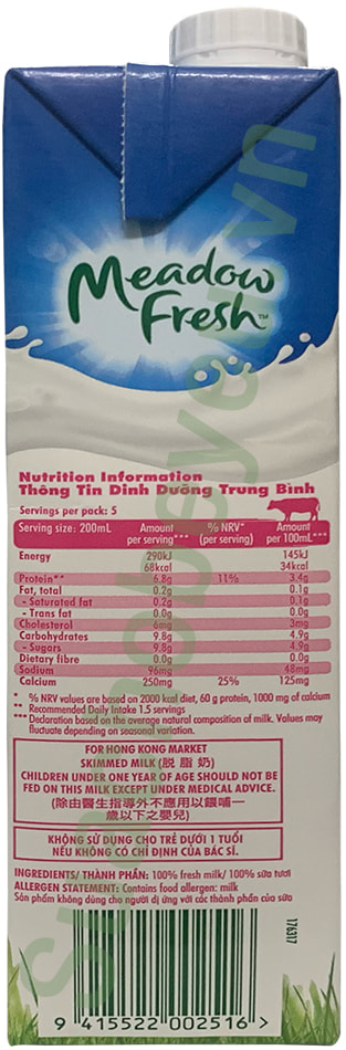 Sữa tươi Meadow Fresh Không béo hộp 1 Lít