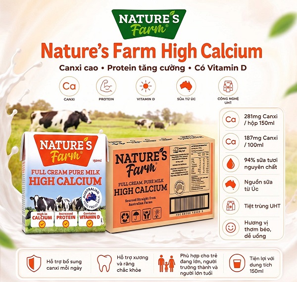 Thùng sữa tươi bổ sung canxi Nature's Farm Úc hộp 150ml