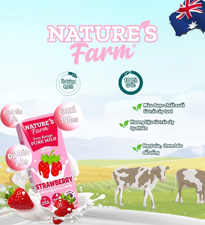 Thùng Sữa tươi Úc nguyên kem vị dâu Nature's Farm hộp 180ml