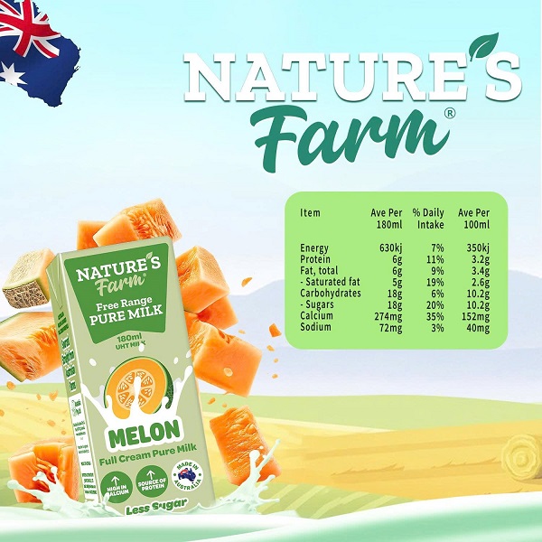 Thùng Sữa tươi Úc nguyên kem vị dưa lưới Nature's Farm hộp 180ml