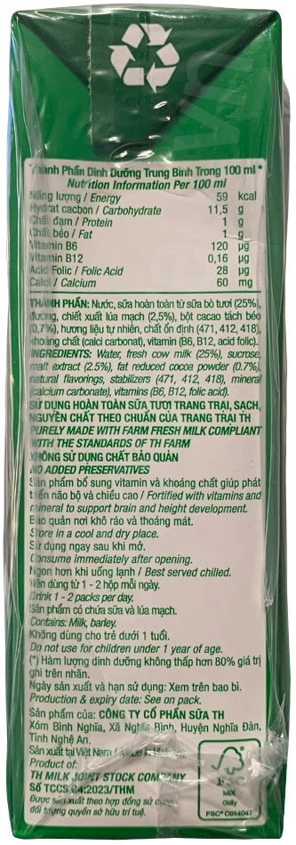 Sữa lúa mạch TH True Chocomalt Mistori hộp 180ml