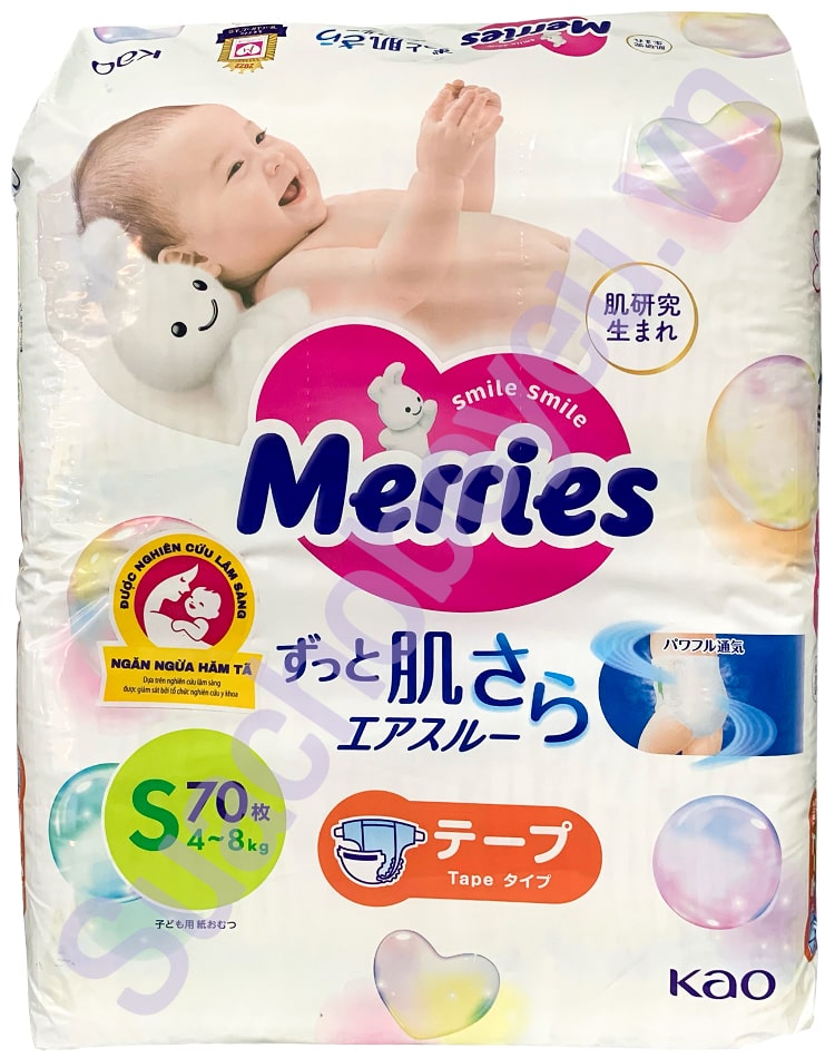 Tã dán Merries nhập khẩu Nhật Size S 70 miếng, 4-8 kg