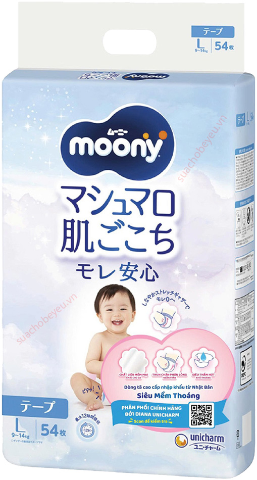 Tã Dán Moony size L 54 miếng, cho bé 9 - 14kg