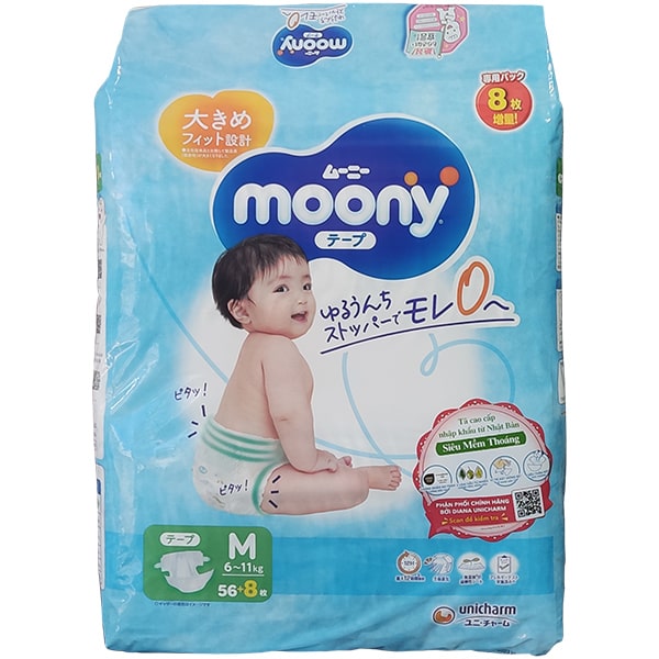 Tã Dán Moony size M 56 + 8 miếng, cho bé 6-11kg