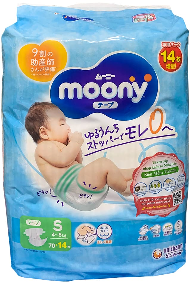 Tã Dán Moony size S 70 + 14 miếng, cho bé 4-8kg