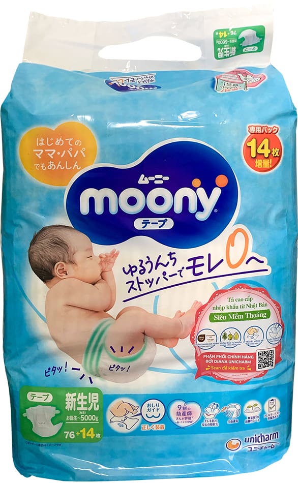 Tã Dán sơ sinh Moony Newborn 76 + 14 miếng