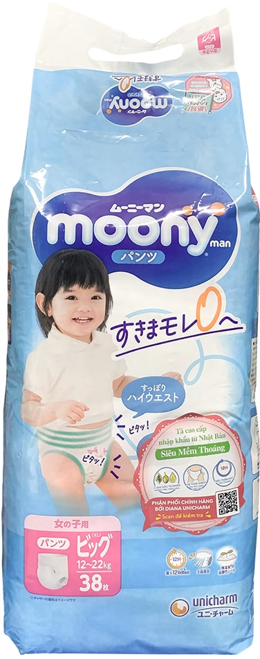 Tã Quần Moony Bé Gái size XL 38 miếng cho bé 12 - 22kg