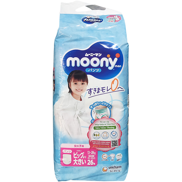 Tã Quần Moony Bé Gái size XXL 26 miếng cho bé 13-28kg