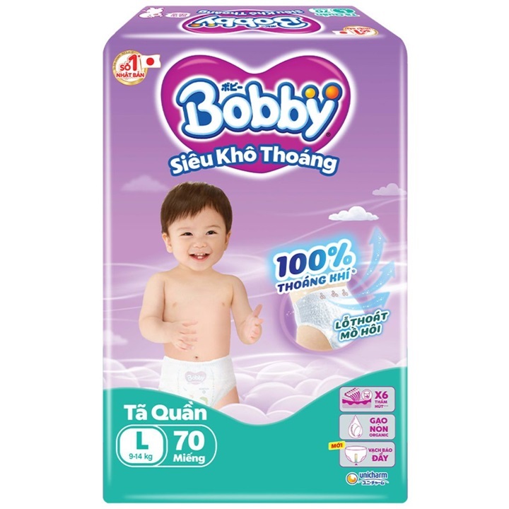 Tã quần Bobby size L 70 miếng cho trẻ 9-14kg