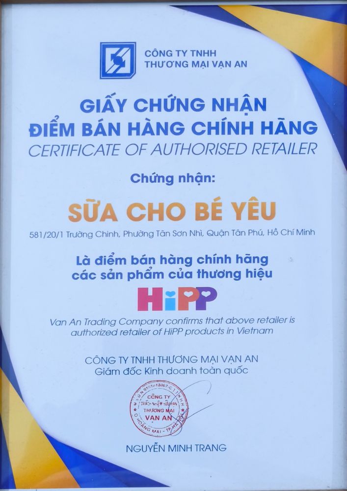 Chứng nhận điểm bán hàng chính hãng sữa HiPP
