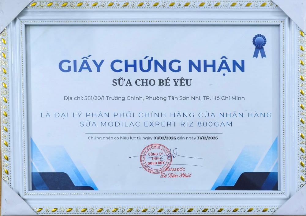 Chứng nhận điểm bán hàng chính hãng sữa Modilac RIZ