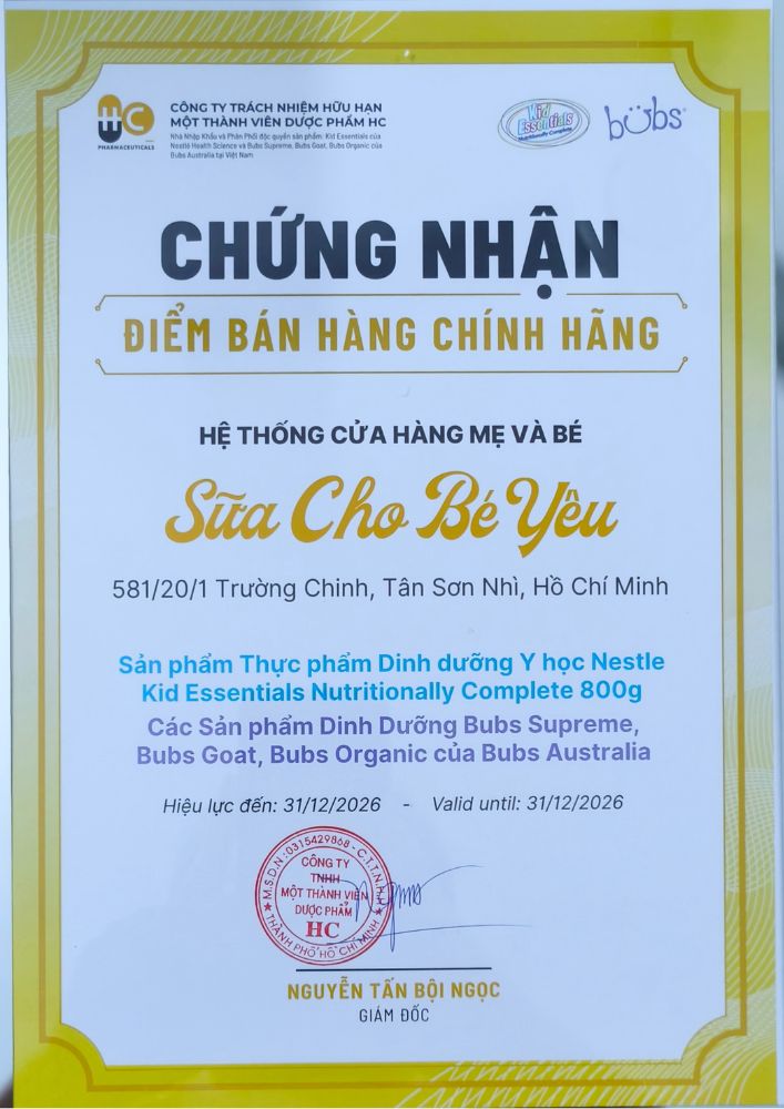 Chứng nhận điểm bán hàng chính hãng sữa Kid Esential