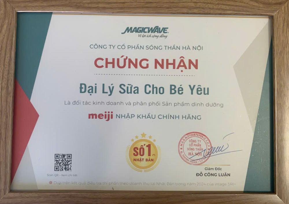 Chứng nhận điểm bán hàng chính hãng sữa Meiji