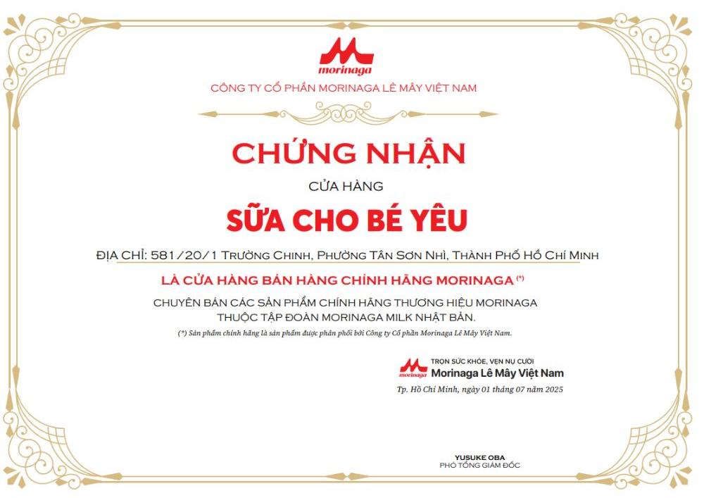 Chứng nhận điểm bán hàng chính hãng sữa Morinaga