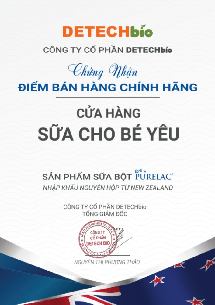 Chứng nhận điểm bán hàng chính hãng sữa Purelac